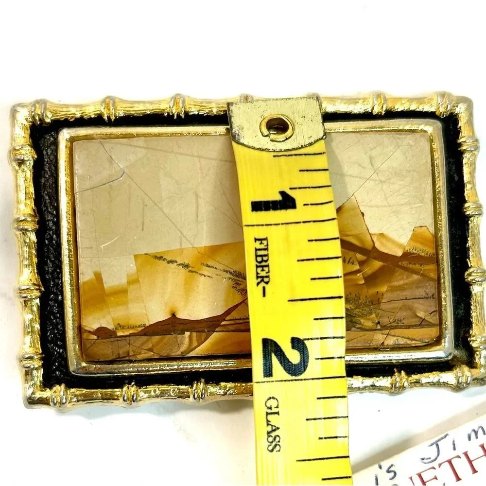 1970s Kenneth Reid Mixed Wood Inlay and Howlite Solid Brass Handmade Belt Buckle